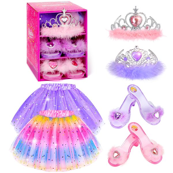 BIBUTY Kids Princess Dress Up Clothes for Little Girls, Pretend Play & Dress Up Costume Set for 3-6 Toddler Little Girls (Rainbow/Purple)