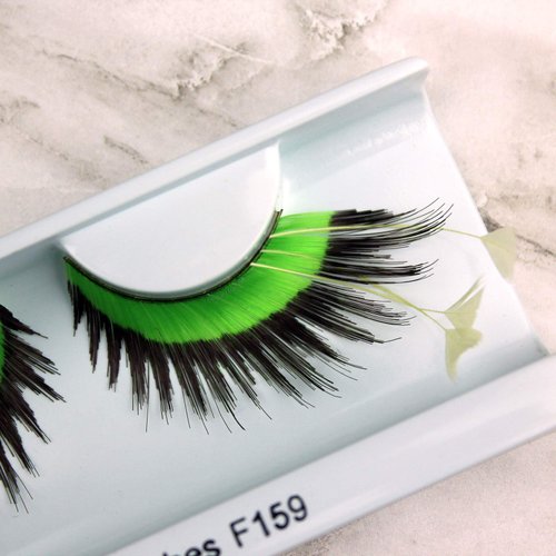Elegant Lashes F159 Premium Green Black and White Feather False Eyelashes Halloween Dance Rave Costume