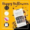24Pcs Halloween Press on Nails Short Square Fake Nails French Skulls False Nails Full Cover Cute Acrylic Nails Blue Purple Cobwebs Deigns Artificial Nails Glossy Glue on Nails for Women and Girls