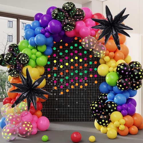Amandir Glow in the Dark Party Decorations, 119Pcs 80S Disco Rainbow Balloon Arch Garland Kit with UV Neon Luminous Fluorescent Balloons 9.8ft Streamer Garland for Back to 80S 90S Prom Birthday Decor