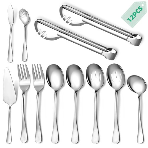 Keyoxy Serving Utensils,12 Pcs Stainless Steel Serving Utensil with Serving Spoon,Slotted Spoons,Forks,Soup Ladle,Serving Tongs,Pie Server,Butter Knife Serving Utensils Set for Parties,Buffe