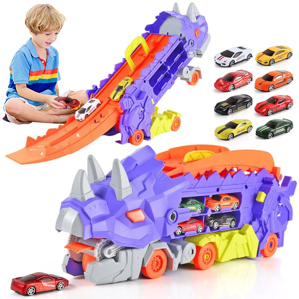 Hautrely Toddler Dinosaur Transport Truck Toys for 3 4 5 6 Yeals Old Boys, Ultimate Hauler Carrier Truck with Race Track and 8 Die-Cast Cars, Toys Playset for Kids Boys (Purple)