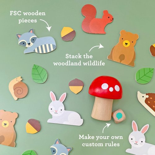 Petit Collage: Woodland Wobble | Wooden Stacking Game for Kids | Roll The Die and Stack The Objects on The Mushroom | Don't let The Tower Fall!| Great for Ages 4+