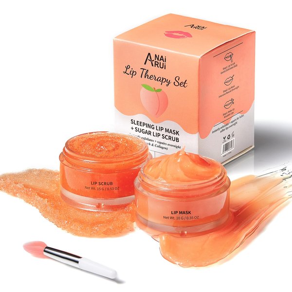 ANAI RUI Lip Mask & Lip Scrub Set, Stocking Stuffers Lip Care Kit, Overnight Lip Treatment with Lip Sleeping Mask & Sugar Lip Exfoliator Scrub, Lip Moisturizer for Dry, Chapped, Dark Lips, Peach