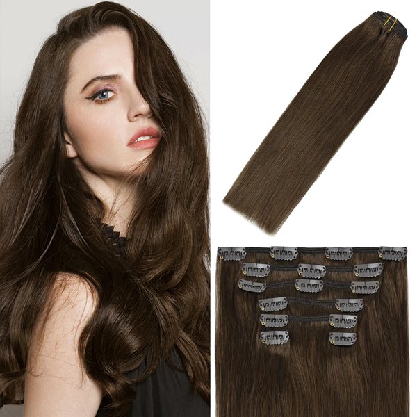 WindTouch Clip in Hair Extensions Human Hair Medium Brown Hair Extensions For Women 15Inch 70g 7PCS #4 Gift for Women