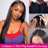 Legendhair Glueless V Part Wig Human Hair Straight Brazilian Virgin Human Hair Wigs for Black Women Upgrade U Part Human Hair Wig Full Head Clip In Half Wig No Leave Out U Part Wig 180% Density 14Inch