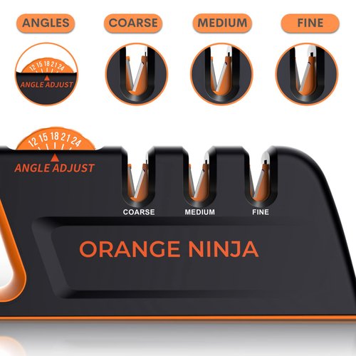 Orange Ninja Knife Sharpeners for Kitchen- 5 Adjustable Sharpening Angle- Premium Quality - Handheld Knives & Pocket Knife Sharpener by Sharp Pebble