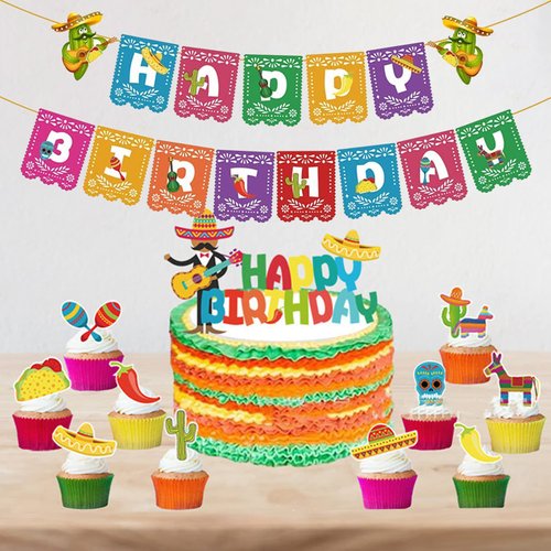 Mexican Themed Happy Birthday Banner Mexican Taco Bout Party Banner Mexican Papel Picado Garland for Cinco De Mayo Party Backdrops Decorations Fiesta Party Supplies