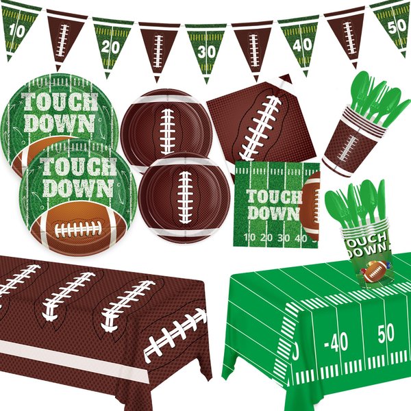 171PCS Football Party Supplies Kit Rugby Paper Plates Cups Napkins Spoon Fork knives Tablecloth Touchdown Party Decorations Tableware for 24 Guests for Football Game Super Bowl Party Birthday Party