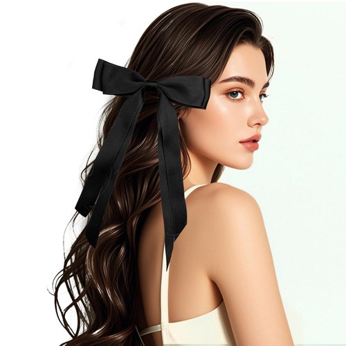 Fodofodo Hair Clip, Hair Bow - Black, French Style, Metal, With Tassel Ribbon Bowknot Tail & Ponytail Holder, for Women