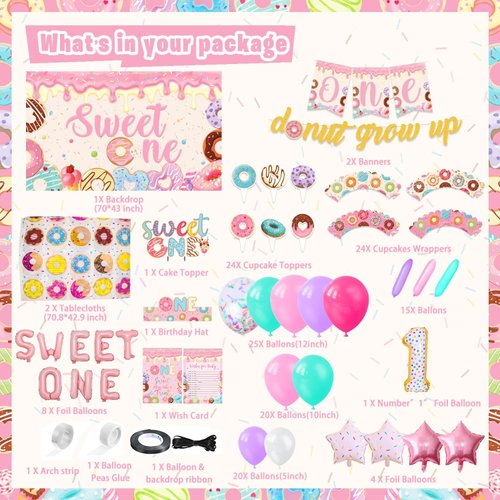 LXlucktim Donut Birthday Party Supplies for 1 Year Old Girl, 150 Pcs Sweet One Party Decorations for Girls Baby - Backdrop, Tablecloth, Crown, Poster