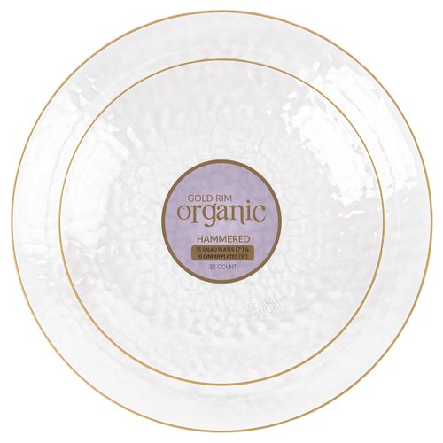 PLASTICPRO 32 Piece Combo Plates Set includes 16-7'' inch Plates & 16-9'' inch Plates Clear Plastic Organic Hammered Design Party Plates With Gold Rim, Elegant, Tableware, Dishes,