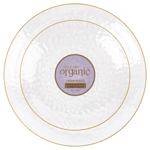 PLASTICPRO 32 Piece Combo Plates Set includes 16-7'' inch Plates & 16-9'' inch Plates Clear Plastic Organic Hammered Design Party Plates With Gold Rim, Elegant, Tableware, Dishes,