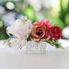 Fangsen Enchanting Dahlia Eucalyptus Globulus Rose Peony Hydrangea Handmade Flower Headpiece Perfect for Wedding Hair Accessories Floral Hair Comb for Women and Girls (White & Red)