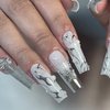 MISUD Press on Nails Long Square Fake Nails Glossy Glue on Nails Silver Chrome Swirl Acrylic Nails Squoval French Tip Artificial Nails Rhinestone Stick on False Nails with Design 24 pcs