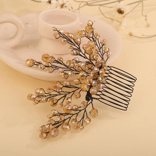 Teyglen Champagne Crystal Hair Comb Rhinestone Wedding Hair Comb Hair Accessories for Bride Bridal Hair Piece Headpiece for Women Girls (Champagne)