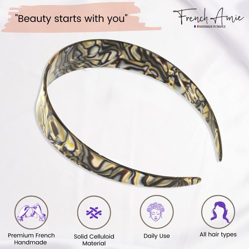 French Amie Ultracomfort Wide 1 1/4" Celluloid Handmade French Hair Headband Fashion Headbands for Women Very Flexible Strong Hold Grip Headbands Non Slip Durable Styling Girls Paris Hair Accessories, Made in France (Silver Onyx Gray)