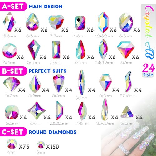 AB Crystal Nail Rhinestones 120 Multi Shapes Flatback Crystal White AB Gems +SS10 SS16 Round Beads K9 Glass Stones Diamonds Jewels Nail Art Supplies Nail Charms for Nails Faces Eyes Makeup Crafts DIY