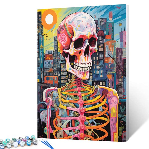 Human Skeleton Oil Paint by Numbers for Adults Graffitic Cityscape Background Digital Painting by Numbers Skull Man Style Acrylic Oil Painting Set-16''W x 20''H Home Decor Nordics Gift(DIY Frame)