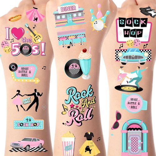 Serencatcher 144pcs 50's Theme Party Decorations Sock Hop Tattoos, 1950s Shake Rattle Rock and Roll Temporary Tattoos Stickers for Retro Props 50s Sock Hop Party Favors Theme Adult Birthday Party