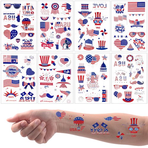HOWAF 100+ Pcs 4th of July Temporary Tattoos – American Flag Red White and Blue Party Supplies Fourth of July Decorations Silver Glitter Tattoos, American USA Stars and Stripes Waterproof Body Art Stickers