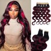 Burgundy Body Wave Tape in Human Hair Extensions Highlight Natural Black to Burgundy Hair Extensions 100% Real Human Hair Double Sided Tape in Ombre Human Hair Tape in Extensions 16 Inch #1B/99J