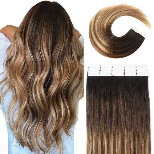 VINBAO Tape in Hair Remy Human Hair Skin Weft Hair Extensions 1B Fading to 6 and 27 Honey Blonde Hair Extensions 20 Pieces 50 Grams Tape in Hair Extensions (18inch, #1B/4/27)