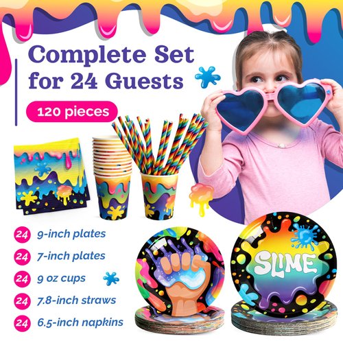 BOIKOKY Slime Birthday Party Decorations, 120Pcs Slime Themed Party Supplies Disposable and Colorful Tableware Includes Plates, Napkins, Cups and Straws | Serves 24