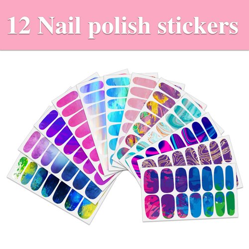 WOKOTO 12 Sheets Colorful Gradient Full Nail Polish Stickers False Nail Design Stickers Full Nail Wraps for Women Girls Macaron Colors Graffiti Nail Stickers for Nails Stick On Nail Polish Strips