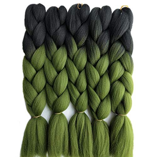 24inch Black to Olive Green Two Tone Ombre Color Synthetic Braiding Hair Extensions Jumbo Braids Hair Bulk 5packs/lot for Crochet Twist Box Braiding Hair (black olive green)