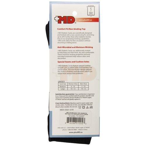 MD USA Seamless Toe-Wave-In Mesh Diabetic Crew Socks, Black, Medium