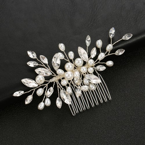 CASOLVX Bridal Hair Comb Pearl Crystal Hair Pieces Wedding Hair Headpieces for Brides Bridesmaids Women Girls （Silver）