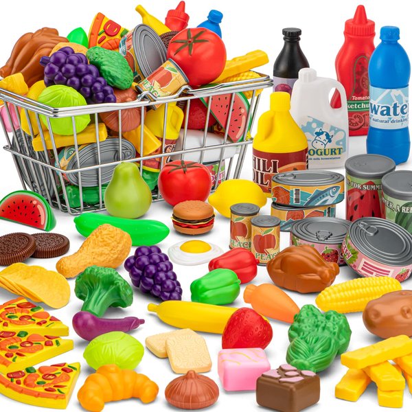 55 Pcs Grocery Store Pretend Play Food Set with Shopping Basket for Kids Toddlers 1-3 4-8, Kids Play Kitchen Accessories Plastic Fake Food Fruits and Vegetables Can Toy Gifts for Boys Girls