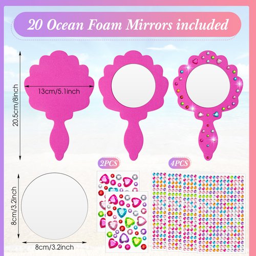 Geetery 20 Pcs Unbreakable Kids Mirror DIY Decorate Your Own Princess Mirror Mermaid Mirrors Princess Foam Mirrors Small Mirrors for Crafts Princess Party Decorations (Pink)