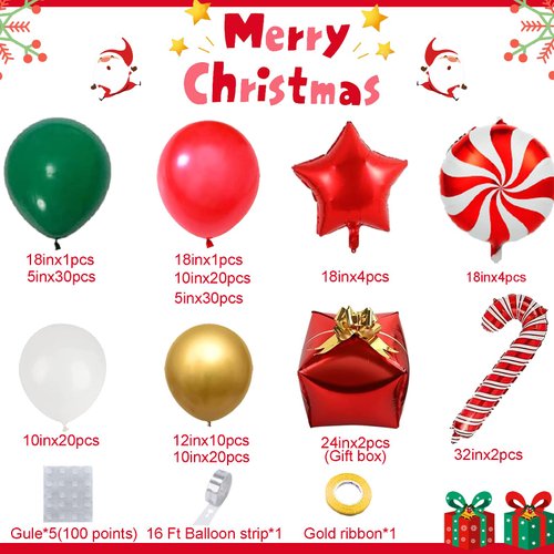 AobkDeco 151PCS Christmas Balloon Garland Arch Kit with Red White Golden Dark Green balloons Candy Foil Balloons Candy Cane Balloons Gift Box Balloons Star Balloons for Christmas Party Decorations