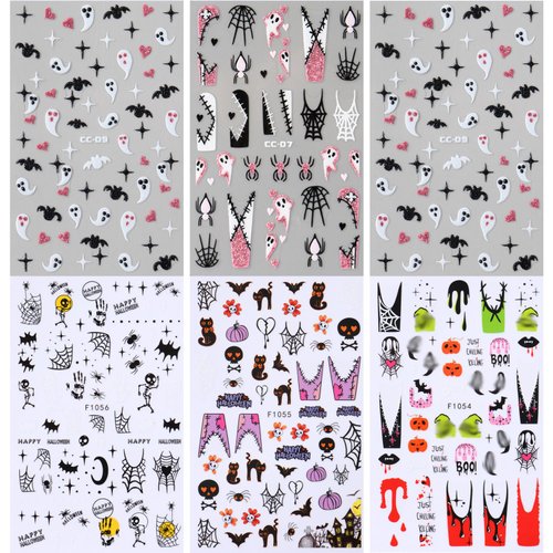 Halloween Nail Stickers, Cute Ghost Nail Decals 3D Self-Adhesive Pink Spider Ghost Spider Web Black Cat French Tips Pattern Halloween Nail Design Holiday Nail Art Decoration for Women Girls(6Sheets)
