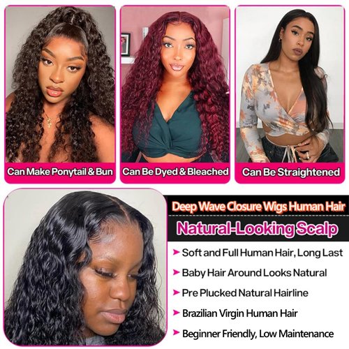 Jasperel Deep Wave Closure Wig Human Hair 4x4 Transparent Lace Front Wigs for Black Women 150% Density Wet and Wavy Glueless Wigs Human Hair Pre Plucked Bleach Knots Natural Color 22 Inch