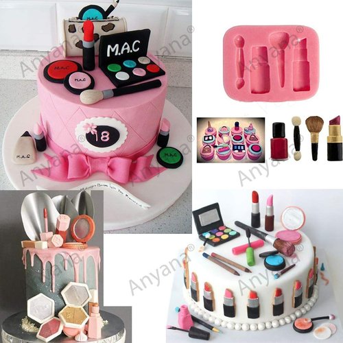 Anyana 3D mini Makeup Tools Loose Powder Eye Shadow silicone mould embossing cake Fondant imprint gum paste mold for Sugar paste fashion cupcake decorating topper decoration sugarcraft set of 3