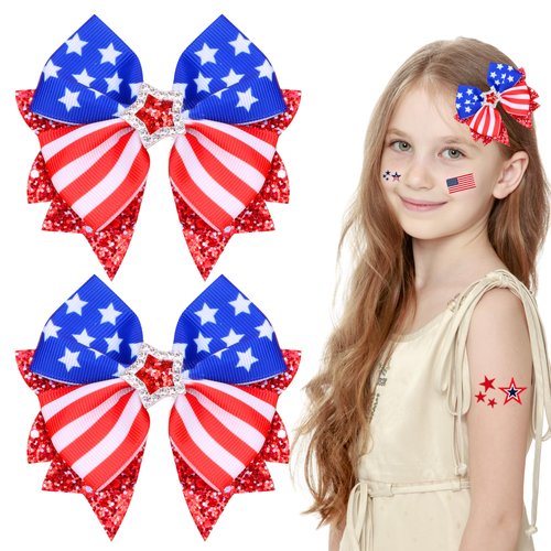 Beleki 4th of July Hair Bow for Girls, 2 Pcs Red White Blue American Flag Hair Bow Clips Patrioti...
