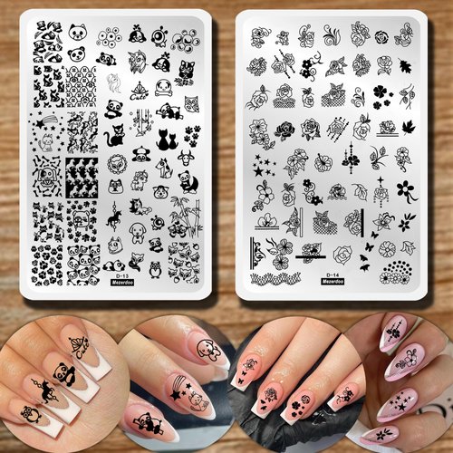 2pcs Floral Animal Unicorn Series Nail Stamping Template Plants Nail Stamping Plates Cute Cat Panda Fox Manicure Nail Art Image Plate Flowers Nail Art Print Stencil
