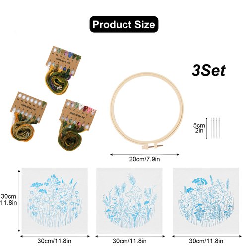 Lukinbox 3 Sets Embroidery Kit for Beginners, Fabric Cross Stitch Kits for Adults, DIY Embroidery Starter Kits with Floral Flower Patterns, Embroidery Hoops, Clothes, Threads and Needles
