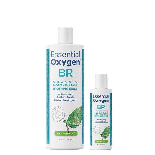 Essential Oxygen BR Certified Organic Brushing Rinse, All Natural Mouthwash for Whiter Teeth, Fresher Breath, and Happier Gums, Alcohol-Free Oral Care, Peppermint, 2 Piece Set, 16 Oz