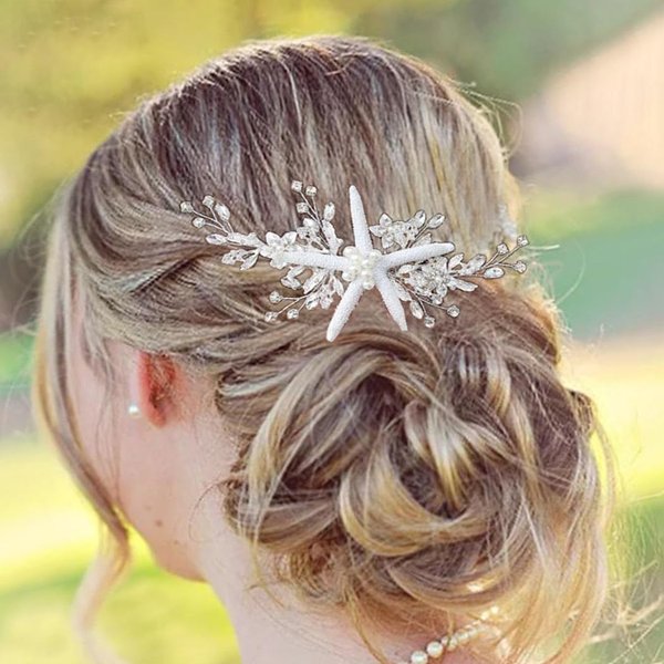 Casdre Starfish Bride Wedding Hair Comb Silver Crystal Bridal Hair Piece Pearl Beach Wedding Hair Accessories for Women and Girls