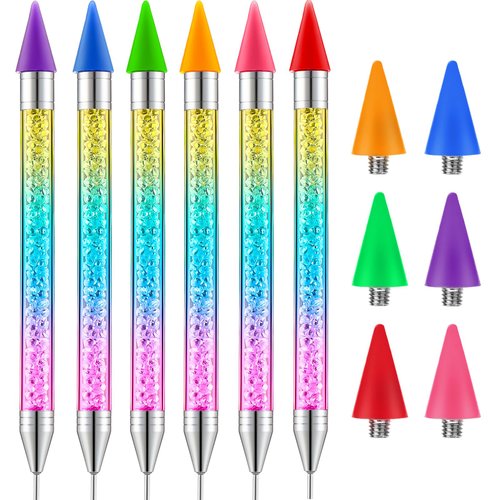 Tatuo 6 Pcs Rhinestone Picker Dotting Pens with 6 Pcs Replacement Wax Tips Dual Ended Wax Pencil for Diamond Painting Gem Pickup Pen Nail Art DIY Decoration Tool Acrylic Handle with Crystal Beads