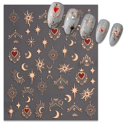 TailaiMei Valentine's Day Star Moon Nail Stickers, Self-Adhesive Golden Heart Nail Art Decals for DIY Nail Decorations (3 Sheets)