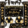 Black and Gold Birthday Party Decorations, Birthday Decorations for Boys Men Women Girls,Black and Gold Balloon Decorations for Birthday Party, Birthday Party Supplies with Happy Birthday Backdrop