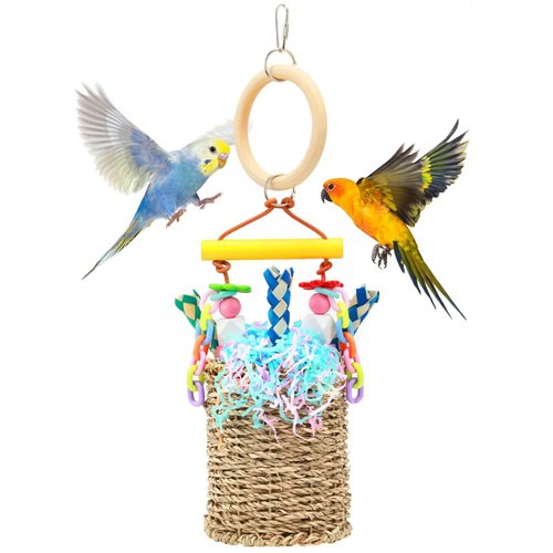 DBLPMF Parrot Toys, Brid Foraging Toy for Medium Parakeet, Conure, Cockatiels, Budgie, Lovebirds, Natural Seagrass Brid Chew Basket