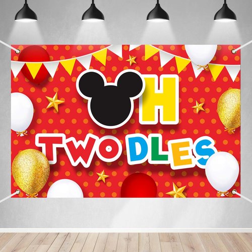 Cartoon Mouse Pattern Happy 2nd Birthday Banner Backdrop Red Oh Twodles Theme Background Decor fo...