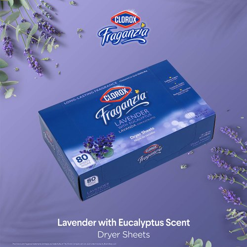 Clorox Fraganzia Dryer Sheets in Lavender with Eucalyptus Scent, 80 Count | Wrinkle-Reducing Fabric Softener Sheets | Best Laundry Dryer Sheets with Long-Lasting Lavender with Eucalyptus Scent