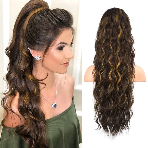 FLUFYMOOZ Ponytail Extension, 26 Inch Drawstring Ponytail Hair Extensions for Women， Long Curly Wavy Ponytail Natural Synthetic Hairpiece for Women (26" Chestnut Brown with Highlights)